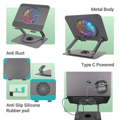 ZEBRONICS NS4000 PRO Rotatable Laptop Metal Stand, Upto 17 inch, 360° Fidget Rotation, Foldable, Multi Angle Adjustment, Type C Detachable RGB Magnetic Fan, Anti-Slip Silicone Pads, Carbon Steel Body