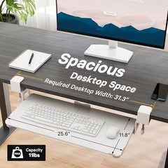 BONTEC Keyboard Tray Under Desk, Pull Out Keyboard & Mouse Tray With C-Clamp, 25.6 X 11.8 Inch Steady Slide-Out Computer Drawer For Typing, White With USB Connection