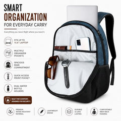 BIGBERRY Rodeo 2.0 Leatherite Faux Leather Laptop Backpack for Men & Women | Water Resistant 2 Compartment Casual Daypack | 15.6 Inch Laptop Bag for Office, College, Travel & Daily Use, Navy Blue