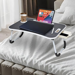 Amazon Basics Engineered Wood Foldable Laptop Table with Cup Holder, Tablet Groove and Mini Drawer (60L x 40W x 26H cm, Black)