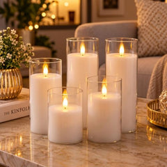 CAVY LED Glass Pillar Candles Light with Acrylic Fiber Glass | Flameless Smokeless Decorative LED Candles Faux Dancing Wicks | Perfect for Diwali Decoration, Home Decor, Gifting, Wedding (Set of 5)