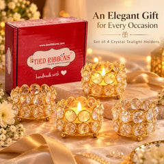 TIED RIBBONS Pack of 4 Crystal Tealight Candle Holder Gift Box - (5.8 cm X 4.3 cm) Centerpieces Votive Candle Holders for Home Dining Table Living Room Office - Diwali Decoration Items for Home Décor