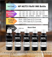 CANOFF GT53Xl for HP Black Pigment Refill Ink Compatible for HP Ink Tank 115, 310, 315, 319, 410, 415, 416, 419, 455, 500, 515, 530, 615, GT 5810, GT 5811, GT 5820 (GT53XL Black 5, 135ml)