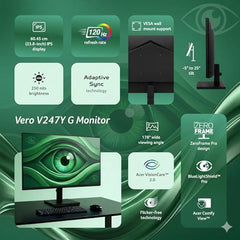 Acer Vero V247Y G 23.8 Inch Full HD IPS Monitor I 120Hz Refresh, AdaptiveSync I 99% sRGB, 1500:1 Contrast I 2x2W Speakers I HDMI +VGA I ZeroFrame I VisionCare 2.0 I VESA I Energy Star I Black
