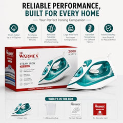 Warmex 2000W Steam Iron Press Black Non-Stick Soleplate | Powerful Steam Burst Removes Wrinkles From Clothes | Quick Heat Up 18-20 Gm Min Steam | Overheat Safety | Fabric Care Steamer Iron (Green)