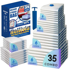 25 Pack Vacuum Storage Bags, Compression Space Saver Bags for Comforters, Blankets and Clothes, Durable Seal, Puncture Resistant, Safe Poly Material, Preserves and Protects, Hand Pump Included