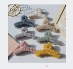 Soft Faux Fleece Fur Large Hair Clutcher/Hair Barrette Hair Clip Claw/Clamp/Pin/Fluffy/Accessories, Random Color For Women & Girls-Pack of 3 (Fog blue Mint Green Lemon yellow)