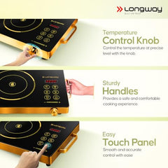Longway Infralite Pro 2200W Infrared Hot Plate Cooktop with Steel Grill Rack, Crystal Glass Top, Touch Panel & Digital Display, 4 Preset Modes – Stir Fry, BBQ, Hot Pot & Steam, Black