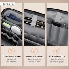 Birch & Co. Travel Organizer Pouch - Gadgets, Cable and Travel Accessories Organisers with Multiple Compartments, Zipper Pocket, Pen Holders, Water-Resistant Accessory Case for Cables, Grey