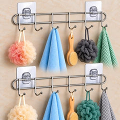 LYSIREN Door Hangers for Clothes, Hanger for Wall – Stainless Steel Bathroom Wall Hook with 6 Hooks, Self Adhesive Magic Sticker Door & Wall Hanger for Towel, Kitchen & Clothes, 5 Kg Capacity, Silver