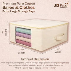 JD FRESH 3 Pcs Cotton Saree Covers/Storage Bags with Zip Cover/Space Saving Bag with Transparent Window/Wardrobe & Cupboard Organizer for Clothes/Bedsheets/Lehengas (16 x 13 x 3 Inch/Off White)