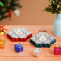 eCraftIndia Wooden Floral Printing Block Decorative Tea Light Candle Holders (Set of 12, Green White) Diwali Christmas Decorations Items for Home Office Christmas Gifts for Women Men Family Friend