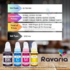 Ravaria GI 790 Ink Compatible Ink for Canon Pixma g1000 / G1010 / G1100 / G2000 / G2002 / G2010 / G2012 / G2100 / G3000 / G3010 / G3012 / G3100 / G4000 / G4013