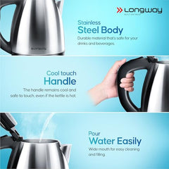 Longway Kestro 2 Ltr Electric Kettle with Water Bottle Combo | Automatic Shut-Off | Durable Stainless Steel Body For Boiling | 2 Years Warranty (2, litres)