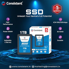 Consistent 2.5 1 TB SSD with SATA III Interface, 6Gb/s,Read/Write Speed Upto - 570/500 MB/s, 5 Years Warranty.