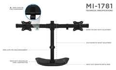 Mount-It MI-1781 Dual Monitor Desk Stand LCD Mount Adjustable Free Standing Two Computer LED Displays Stand 20 23 24 27 Inch Screen Sizes Black