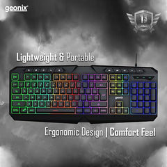 Geonix Cruiser K3 Multi Function Gaming Keyboard with 114 Keys, Dedicated Multimedia Keys, Rainbow Backlight, PVC Cable, Noiseless Keys, Durable Body, Slim Design (Black)
