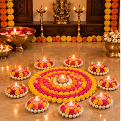 Webelkart Premium Pack of 9 Diwali Decoration Flower Rangoli Diwali Decorative Rangoli with Diya Set, Tea Light Candle Holder Floor Rangoli Festival Decor Home,Deepawali Center 10" and Samll 4" in