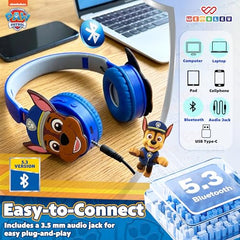 Wembley Paw Patrol Kids Wireless Bluetooth Headphones with Mic | Foldable Over Ear Headphones for Boys & Girls 3-8 Years | 90dB Safe Volume, AUX & USB Charging | Travel, Study & Music