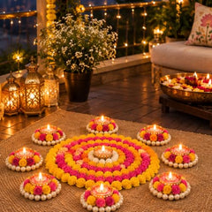 Webelkart Premium Pack of 9 Diwali Decoration Flower Rangoli Diwali Decorative Rangoli with Diya Set, Tea Light Candle Holder Floor Rangoli Festival Decor Home,Deepawali Center 10" and Samll 4" in