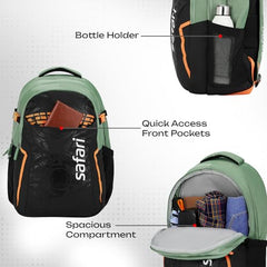 Safari Verge 2 37L Casual Printed Backpack, School Bag for Boys and Girls, Travel Bag for Men and Women, 3 Compartments, Raincover, Armour Base, Organiser, Bottle Holder, Front Pocket, Sage