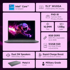 Lenovo IdeaPad Slim 3 Smartchoice 13th Gen Intel Core i7-13620H 15.3 inch (38.8cm) WUXGA IPS Laptop (16GB RAM/512GB SSD/Windows 11/Office 24/Metal A Cover/Backlit Keyboard/Luna Grey/1.6Kg), 83K101JGIN