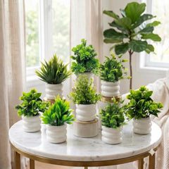 amazon basics Artificial Potted Plants, Artificial Plastic Eucalyptus Plants Small Indoor Potted Houseplants, Small Faux Plants for Home Decor Bathroom Office Farmhouse (Set of 8)