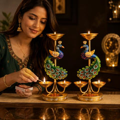 Pranjals House Peacock Metal Tealight Candle Holder Set of 2,Ideal for Pooja, Festival & Diwali Decor