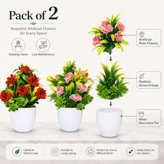 Asharya® Artificial Flower Plants for Home Décor – Set of 4 Mini Potted Plants (7 Inch) in White Pots | Pink, Yellow, Red & Blue Faux Flowers for Living Room, Office, Indoor Outdoor Decoration