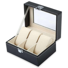 SYGA Faux Leather Finish 3 Slot Cavity Wrist Watch Storage Box Display Case Organizer with Glass Window (Black)