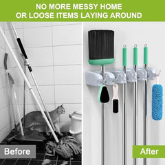 Dargoba Broom Holder Wall Mounted, Mop Holder for Wall, Broom Stick Holder Mounted Stand, Storage Broomstick Brush Mount Organizer with Hanger Hooks (5 Slot 6 Hooks)- Grey, Polypropylene