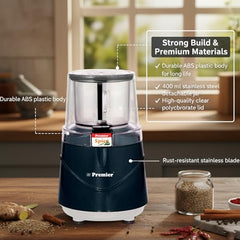 Premier Spice Grinder | 350W Wet & Dry Multifunction Food Grinder | Stainless Steel Herbs, Spices, Nuts, and Coffee Grinder for Home & Office with Detachable Jar