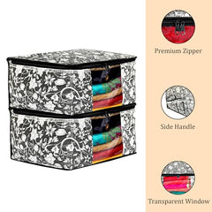 Kuber Industries Flower Print Foldable Woven Underbed Storage Bag|Large Storage Organiser|Blanket Cover with Transparent Window|Size 65 x 45 x 31 CM (Black)-KUBMART16598(Fabric)