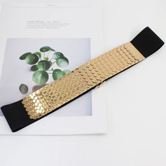 SYGA Decorative Belt For Women, Metal Elastic Waistband, Fashionable Fish Scale Pattern Elastic Wide Belt, Versatile For Dresses And Dresses(Gold)