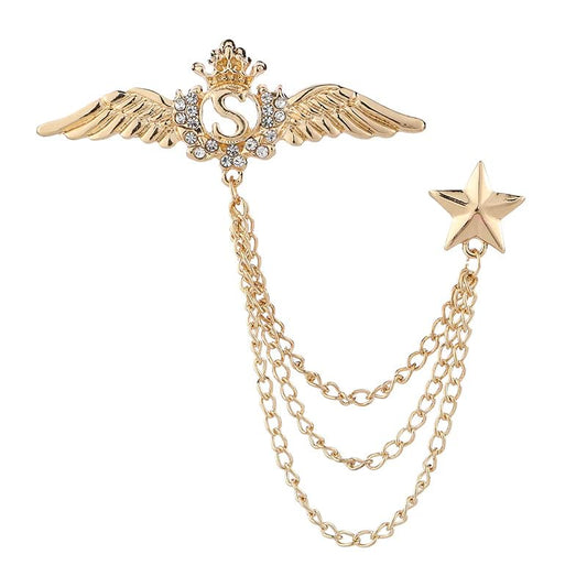 SYGA Men's & Women Suit Shirt Stud Lapel Pin Chain Tassel Brooch Pin with Golden Wings Pentagram Crystal Chain