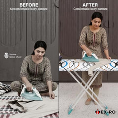 TEX-RO Ironing Board with Iron Stand | Foldable Iron Table for Ironing Clothes with Adjustable Height, Cotton Padded Press Table, Heat-Resistant Rest & Anti-Skid Legs - White
