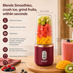 Juicer for Home ^ Lacossi Juicer Mixer Grinder with 1500mAh Battery, 6 Blades 3Gears Fast Blending, 2-Jar Capacity (400ml*2) | 40 Watts Bullet Rechargeable Portable Personal Juicer