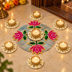 HomeSquare Tealight Holder Rangoli with Artificial Flowers & Tea Lights - Set of 7 Tealight Candle Holders