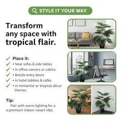GARDEN GYANI Artificial Areca Palm Plant with Black Pot – 145 cm Tall Faux Tropical Decorative Plant with 35 Leaves for Home, Office & Living Room Décor
