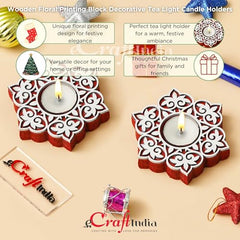 eCraftIndia Wooden Floral Printing Block Decorative Tea Light Candle Holders (Set of 12, Green White) Diwali Christmas Decorations Items for Home Office Christmas Gifts for Women Men Family Friend