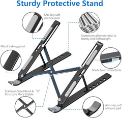 Tukzer (Imported Foldable Laptop Stand Riser for Laptop, MacBook, Notebook & Tablets up to 17 Inch, 7 Level Height Angle Adjustment, 2X Stronger M-Shape Aluminum Silicone Pads Air Ventilation-Black