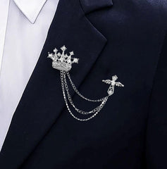 SYGA Men's & Women Regal Crown Suit Shirt Stud Lapel Pin Chain Tassel Brooch Pin with Crystal Chain(Silver)