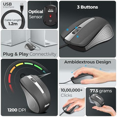 Foxin Glance Grey Wired USB Mouse | 1200 DPI Optical Sensor | Ergonomic & Lightweight (68g) with 3-Button | Plug & Play | 1.2M Cable | Silent Buttons | Wired Mouse for Laptop, PC, Desktop & Office Use