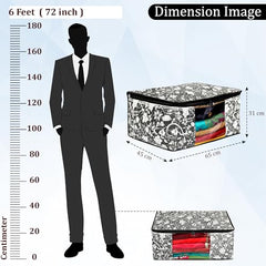 Kuber Industries Flower Print Foldable Woven Underbed Storage Bag|Large Storage Organiser|Blanket Cover with Transparent Window|Size 65 x 45 x 31 CM (Black)-KUBMART16598(Fabric)