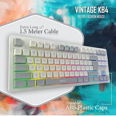 GEONIX Vintage KB4 Retro Style Chiclet Style Keyboard with 87 Keys, Rainbow Backlight, PVC Cable, Durable Body, Compact & Slim Design (White Grey)