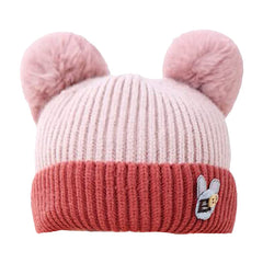 SYGA Woolen Cap for kidas, Double Thick Cap Unisex, Warm Ear Proction Pompom Winter Baby Cap Pink 1-4 Year - Grey