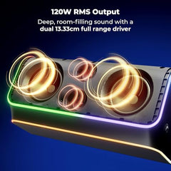 ZEBRONICS 2026 Launch 120W Portable Party Speaker, Dual 13.33cm Drivers, Upto 7hrs Playback, Wireless Mic, TWS Function, 9 RGB Modes, BTv5.3, USB & AUX, Rapid Charge, Carry Handle (Party FYRE 700)