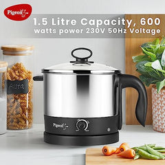 Pigeon Kessel Multipurpose Kettle (12173) 1.2 litres with Stainless Steel Body, used for boiling Water and milk, Tea, Coffee, Oats, Noodles, Soup etc. 600 Watt (Black & Silver)