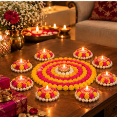 Webelkart Premium Pack of 9 Diwali Decoration Flower Rangoli Diwali Decorative Rangoli with Diya Set, Tea Light Candle Holder Floor Rangoli Festival Decor Home,Deepawali Center 10" and Samll 4" in