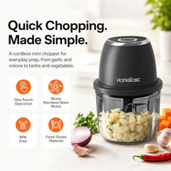 HOMEBASIC 350ml Rechargeable Electric Chopper | 6 Stainless Steel Blades | One-Touch Operation | Compact Mini Food Processor for Onion, Garlic, Ginger, Vegetables, Meat, Nuts | USB Charging